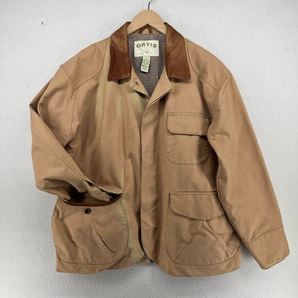 ORVIS Jacket Mens L Chore Barn Coat Houndstooth Lined Leather Trim Hunting Brown - Picture 1 of 16